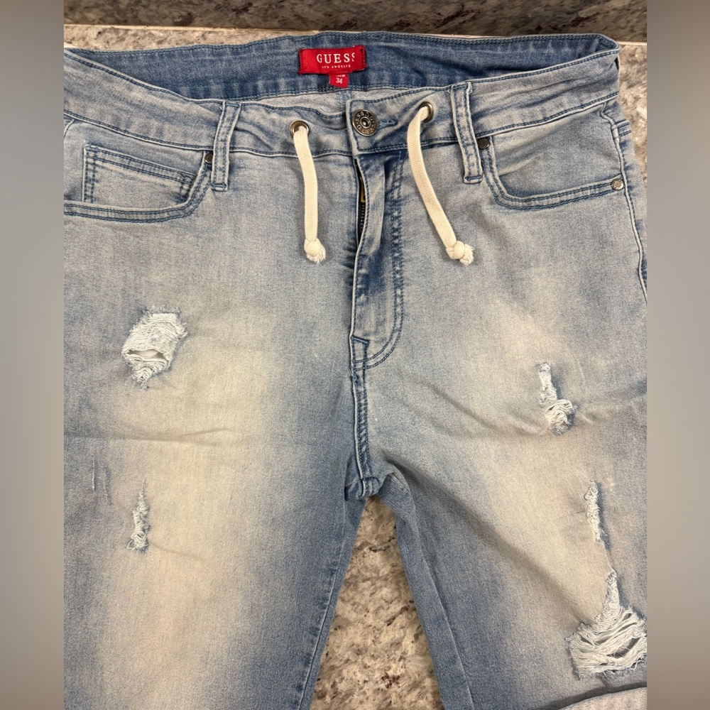 Guess Blue Denim Light Wash Drawstring Y2K Men's Bermuda Shorts Size 36